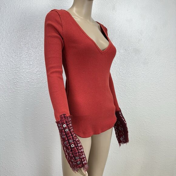 Free People Orange/Red Art School Embroidered V-Neck Thermal Waffle Top XS - Picture 1 of 10